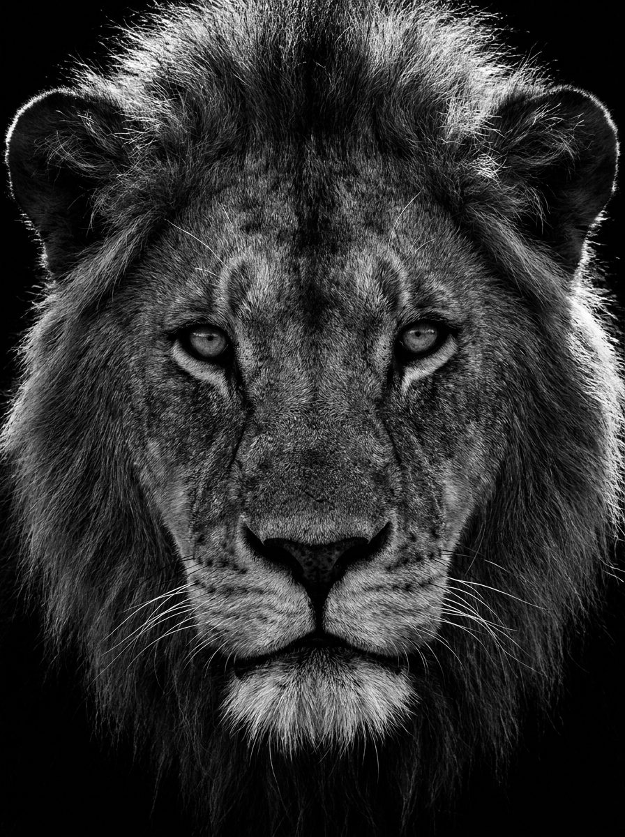 Black and white portrait of a lion