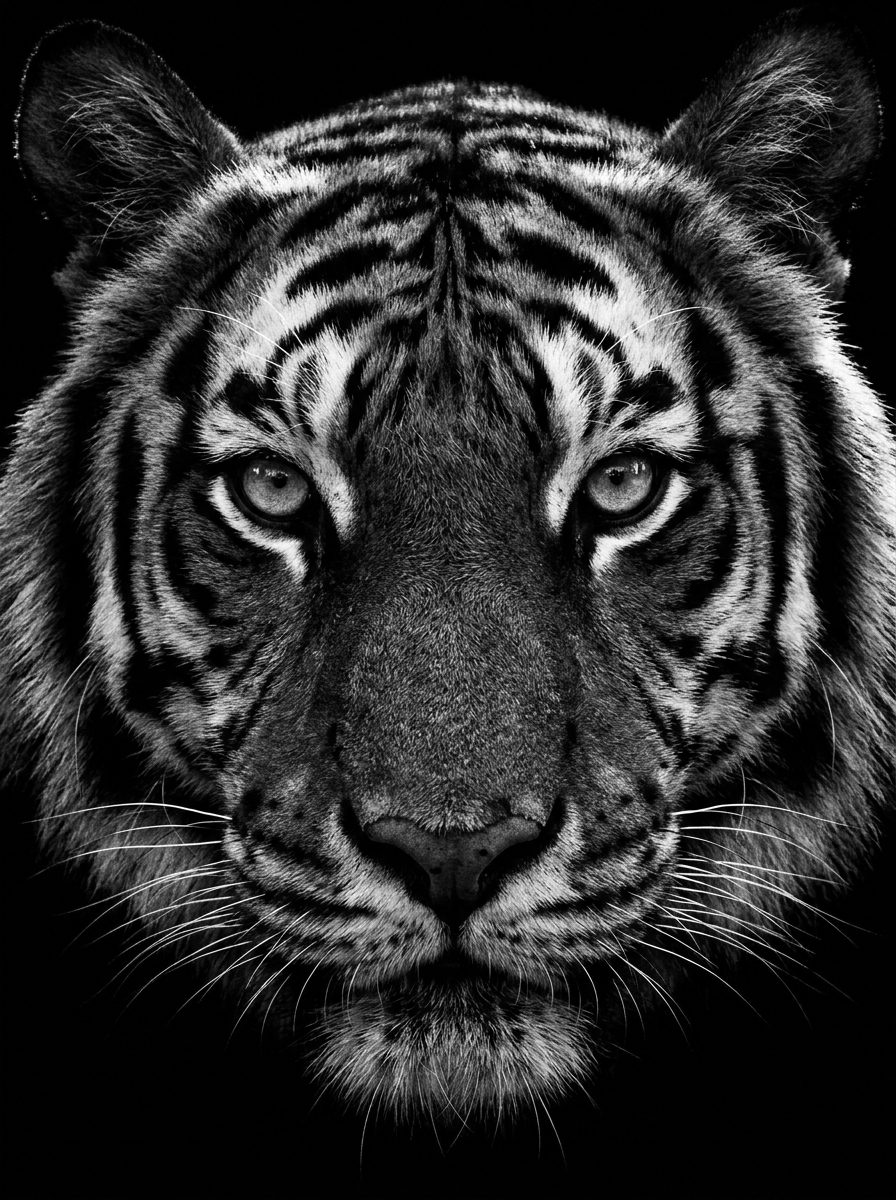 Black and white portrait of a tiger